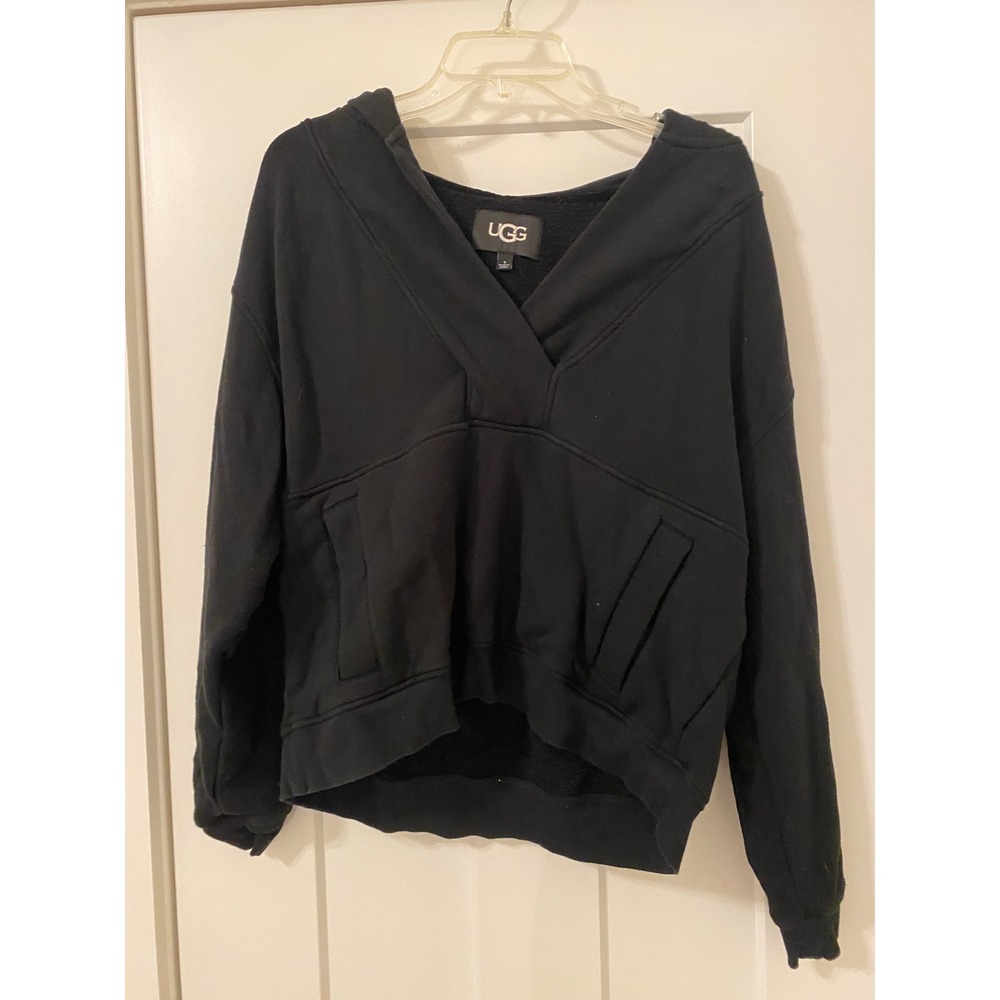 UGG Adryann V-Neck Hoodie Black Recycled Cotton Modal Sweatshirt Womens Small